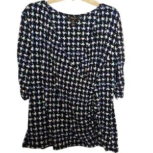 Style & Co. Black and Blue Turquoise Faux Wrap Geometric Blouse